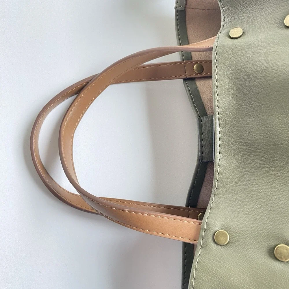 Olive Green Faux‎ Leather Tote Handbag Brown Handles Matching Shoulder Strap